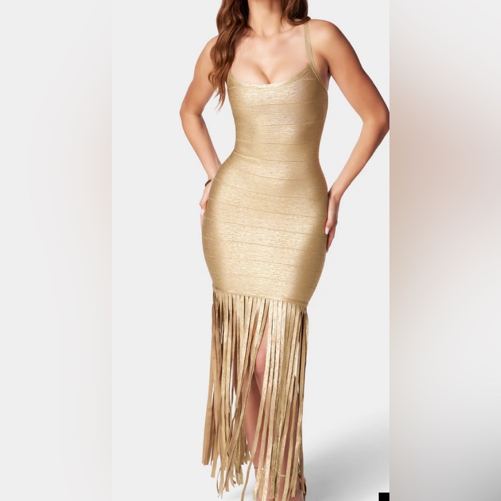 BEBE Fringe Foiled Bandage Dress